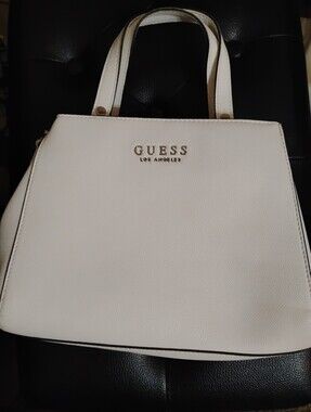 GUESS Los Angeles White Structured Satchel  Silver Gold Logo Multiple Pockets